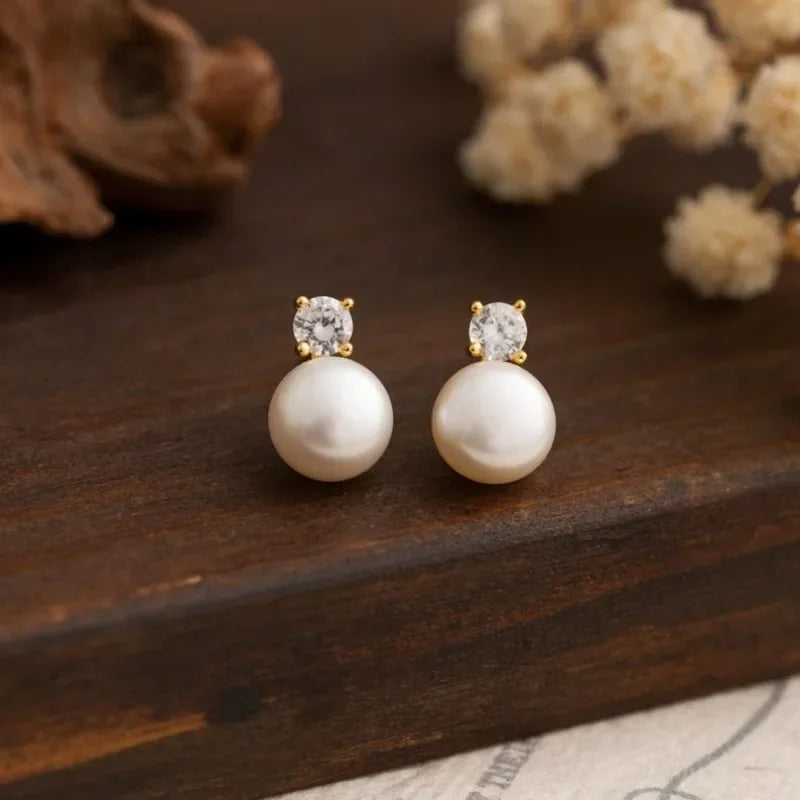 7-8mm Natural Freshwater Pearl Stud Earrings for Women Dainty Crystal Pearl Earrings Jewelry Gift 2025 New Arrivals