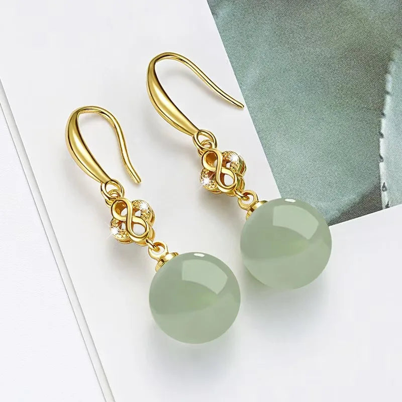Noble temperament Hetian jade earrings Green Pearl 18K Gold 925 Sterling Silver Stud Earrings for Women Fine Jewelry
