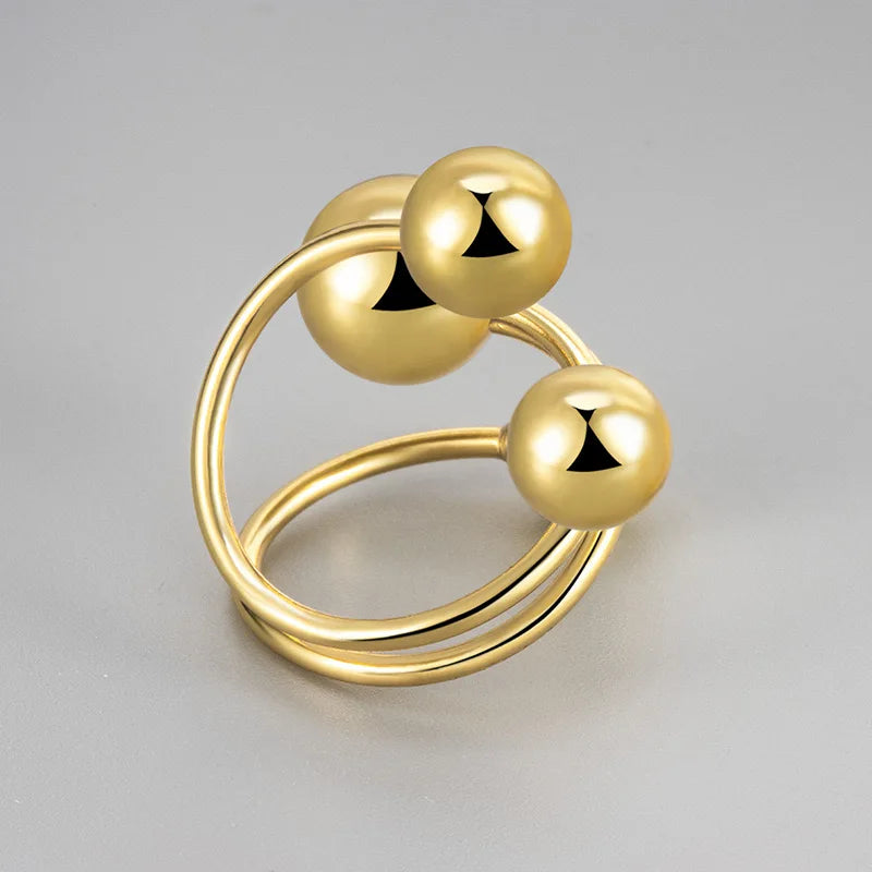 925 Sterling Silver Rings For Women Vintage Handmade Adjustable Gold Ball Ring Fashion Band Female Bijoux Gift