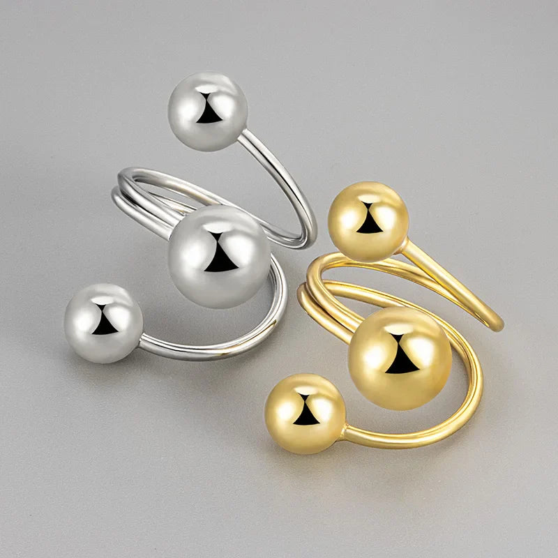 925 Sterling Silver Rings For Women Vintage Handmade Adjustable Gold Ball Ring Fashion Band Female Bijoux Gift