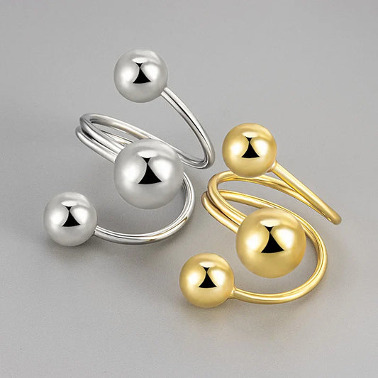 925 Sterling Silver Rings For Women Vintage Handmade Adjustable Gold Ball Ring Fashion Band Female Bijoux Gift