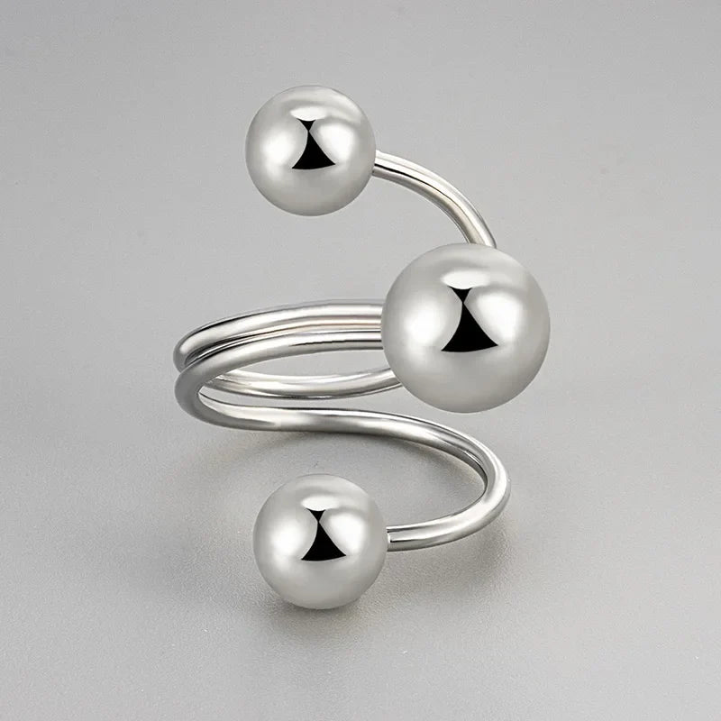 925 Sterling Silver Rings For Women Vintage Handmade Adjustable Gold Ball Ring Fashion Band Female Bijoux Gift