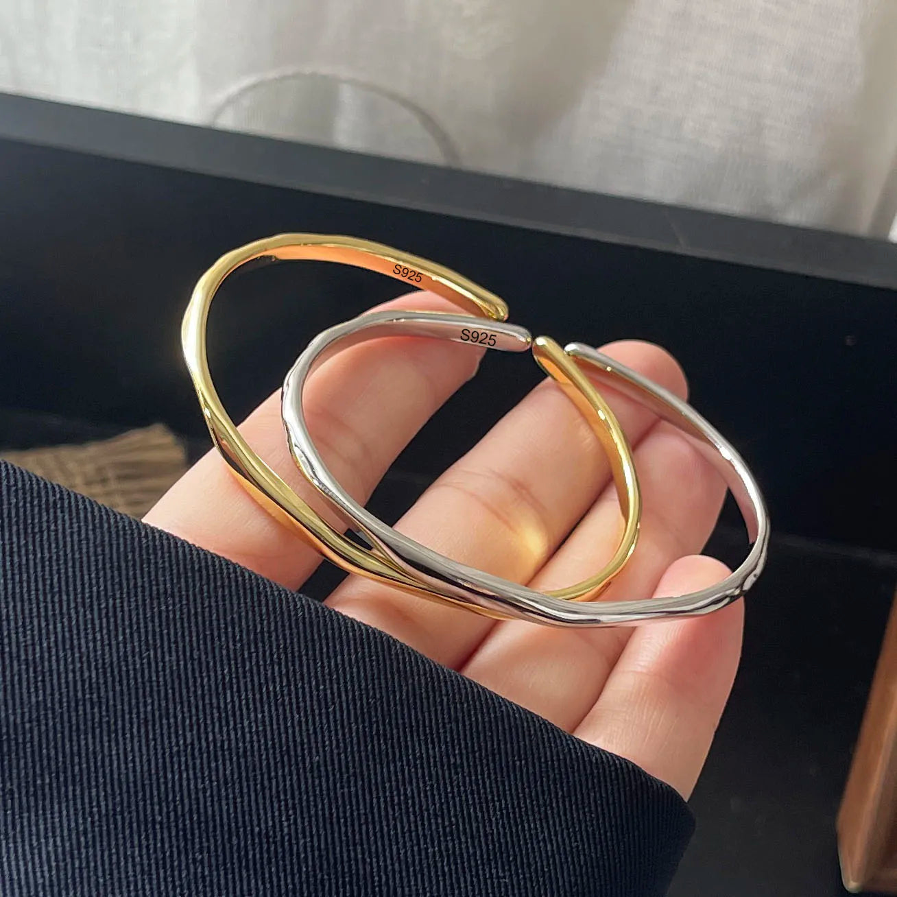 100% Solid 925 Sterling Silver Retro Bracelet for Women Geometric Gold Narrow Handmade Sparkling Simple Bracelet Birthday Gift